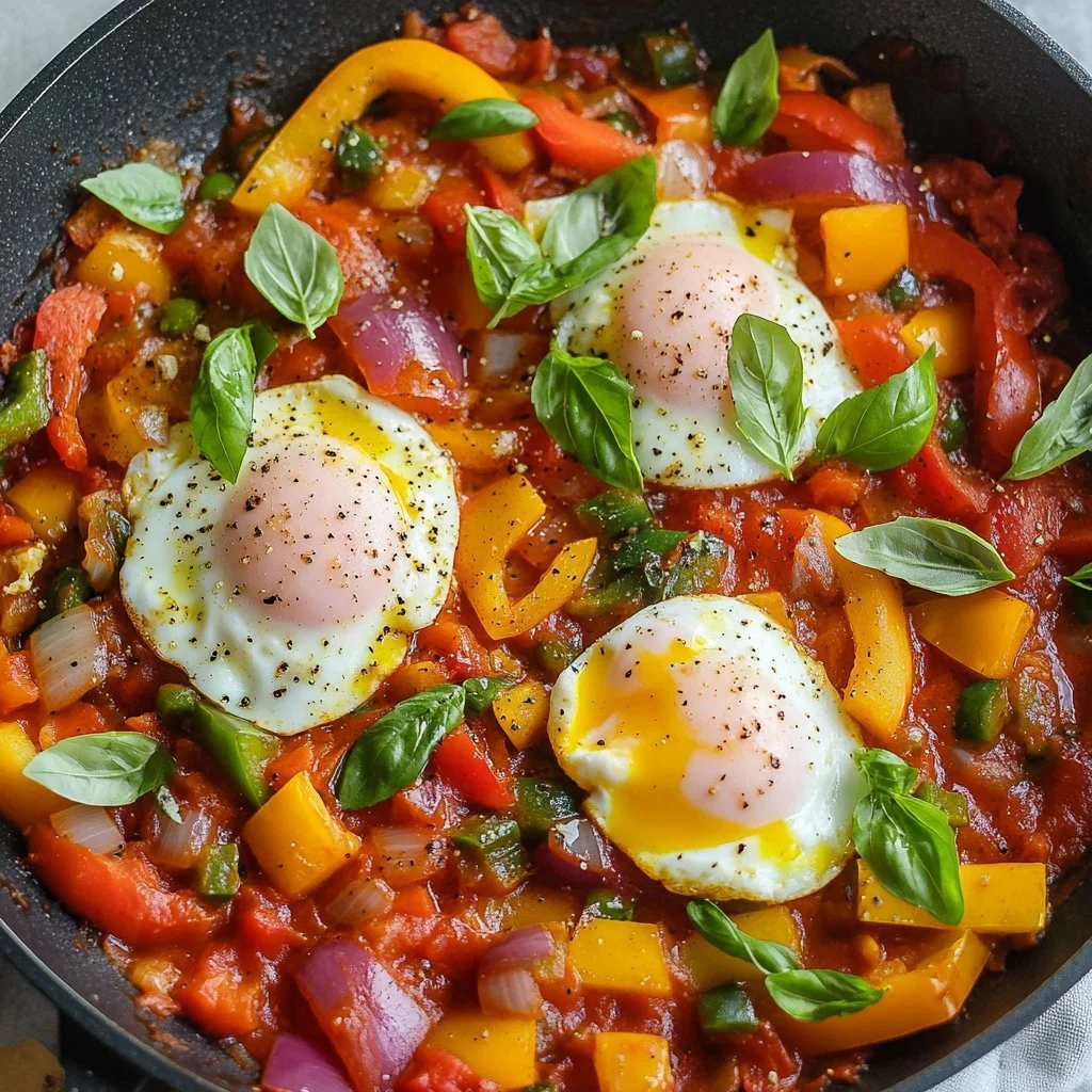 Traditional shakshuka with poached eggs in spiced tomato sauce