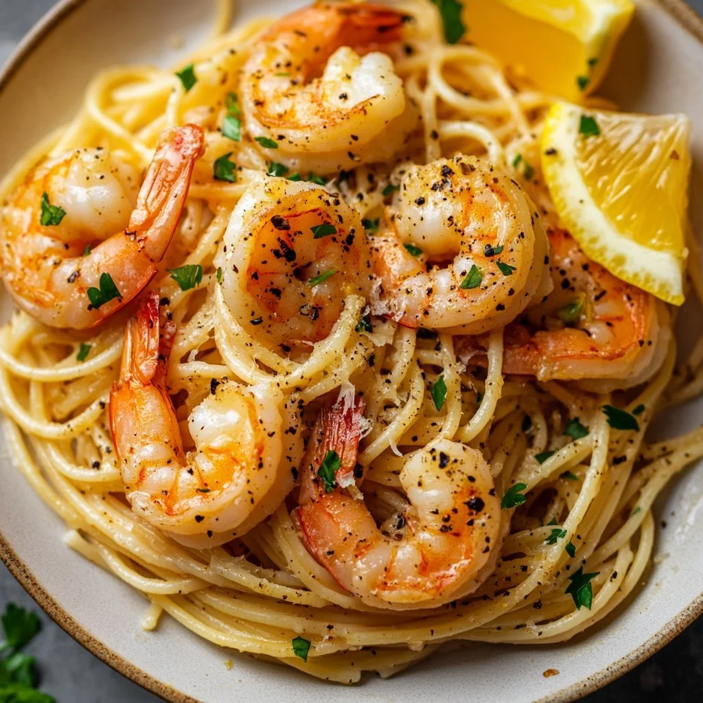 Plate of garlic butter shrimp pasta topped with parsley, served in a bowl