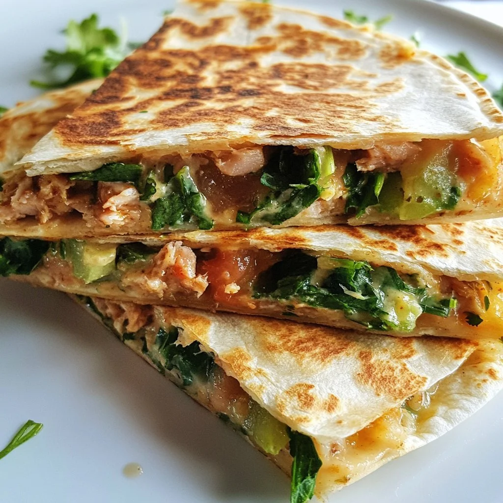 10-minute tuna melt quesadilla with sriracha sauce on a plate
