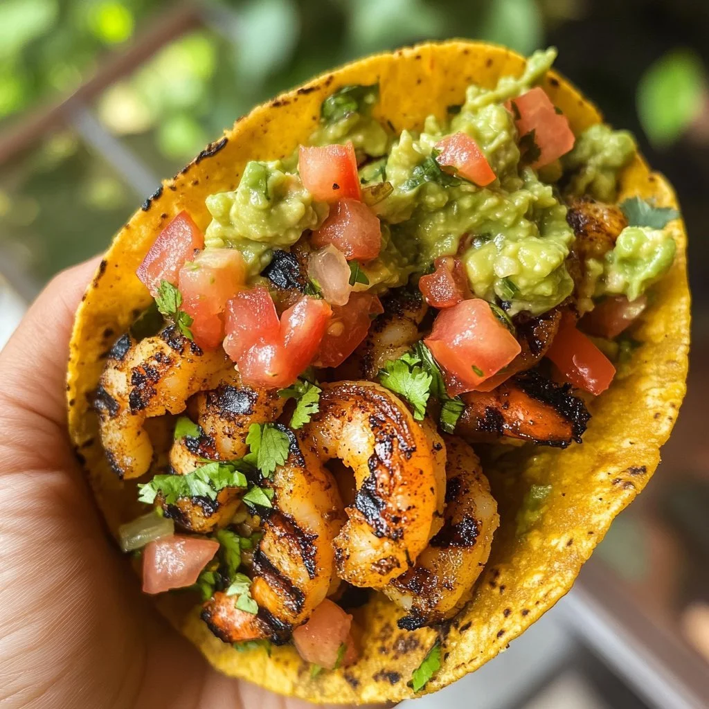 Delicious 200 calorie shrimp tostadas topped with fresh ingredients.