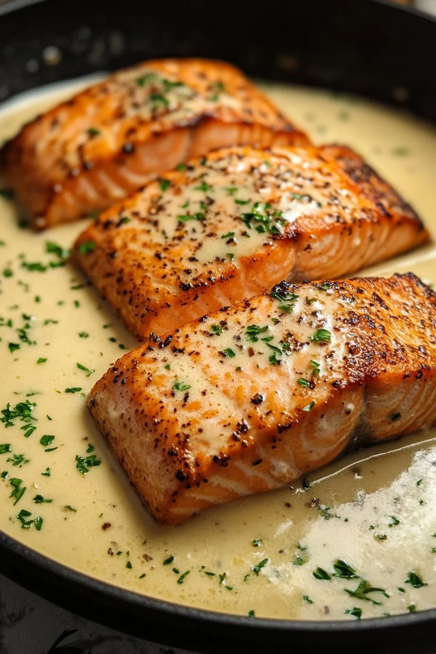 Tuscan Pan Seared Salmon in Parmesan Cream Sauce