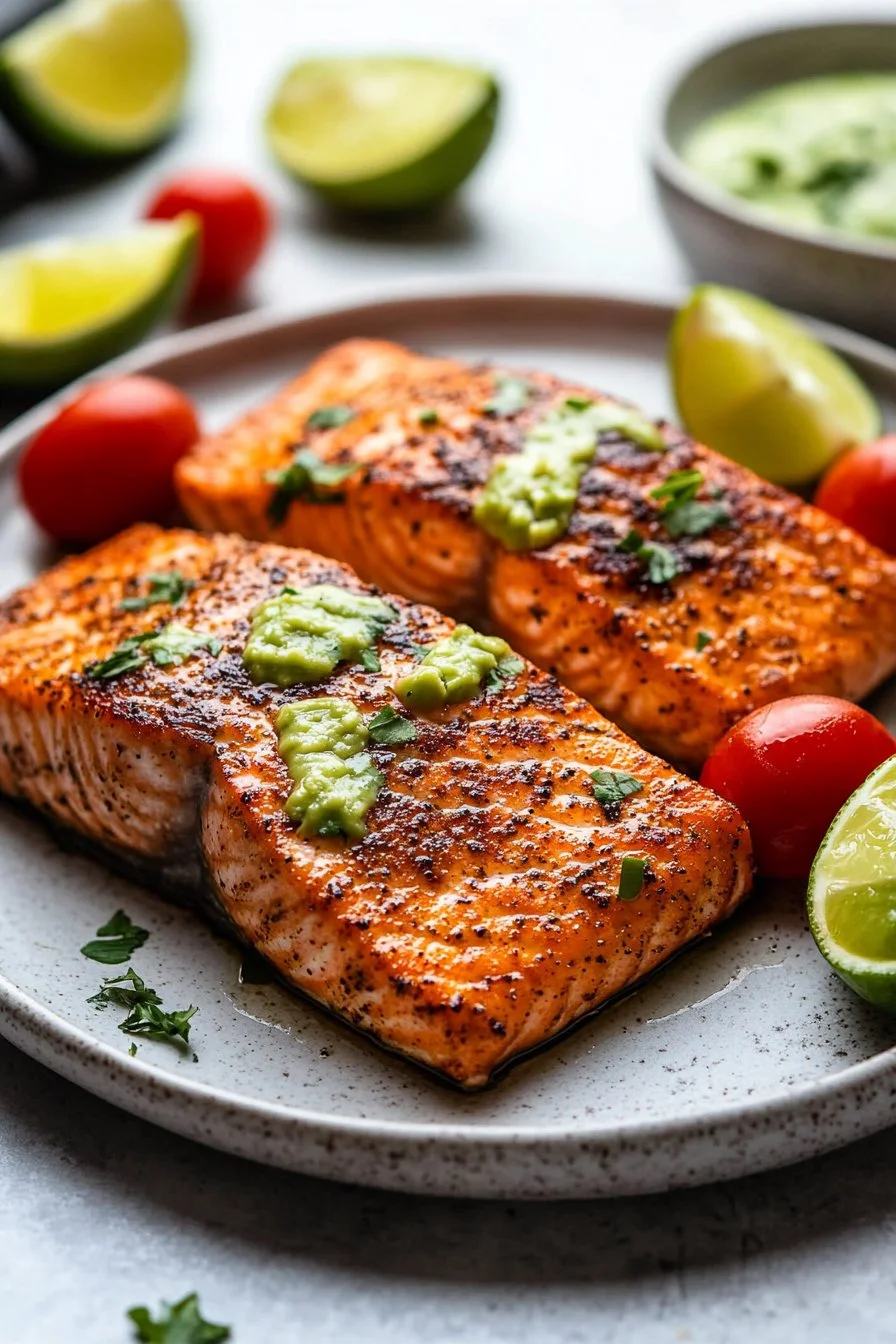 Quick Baked Cajun Salmon with Avocado Lime Sauce