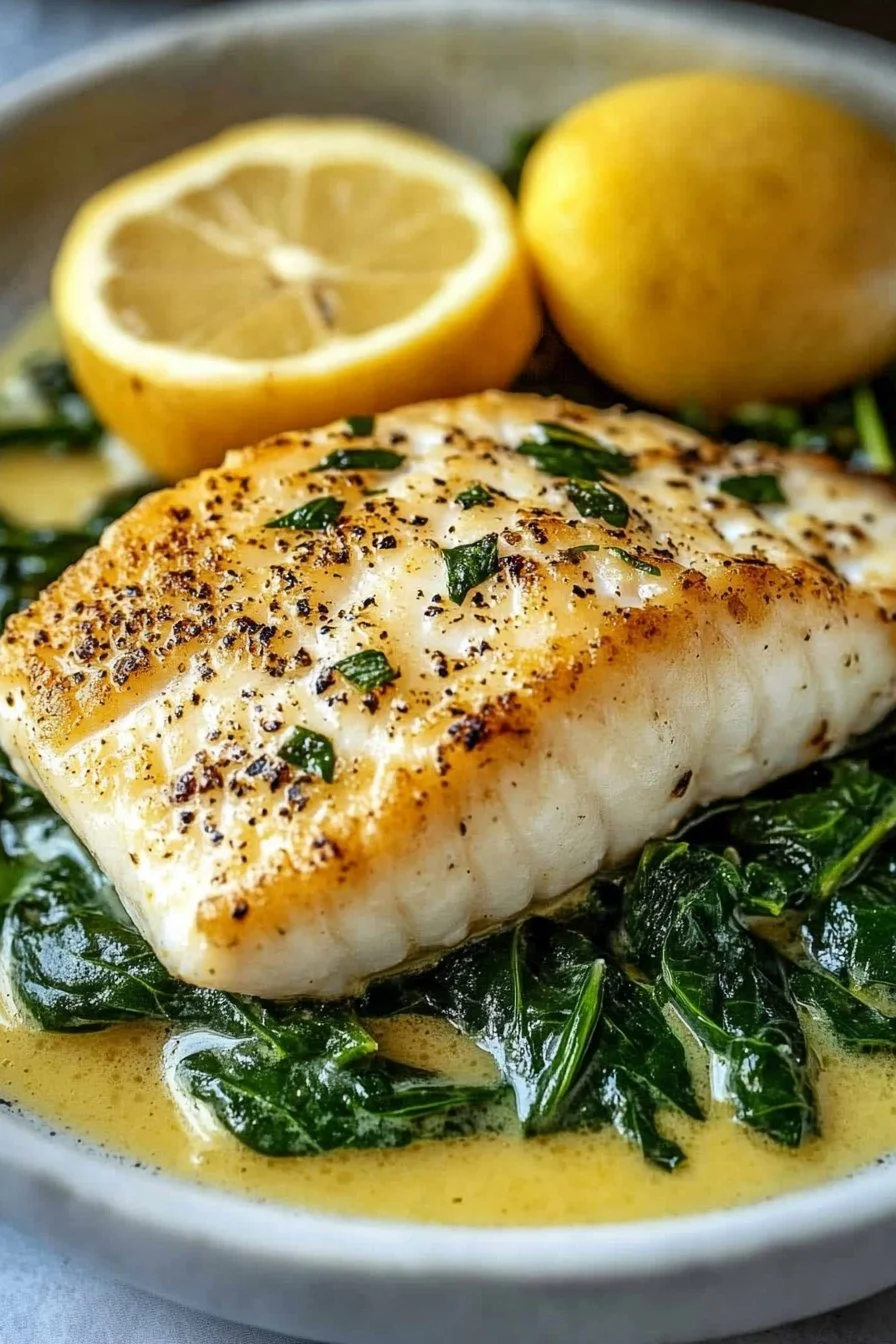 Lemon-Garlic Sea Bass with Creamy Spinach