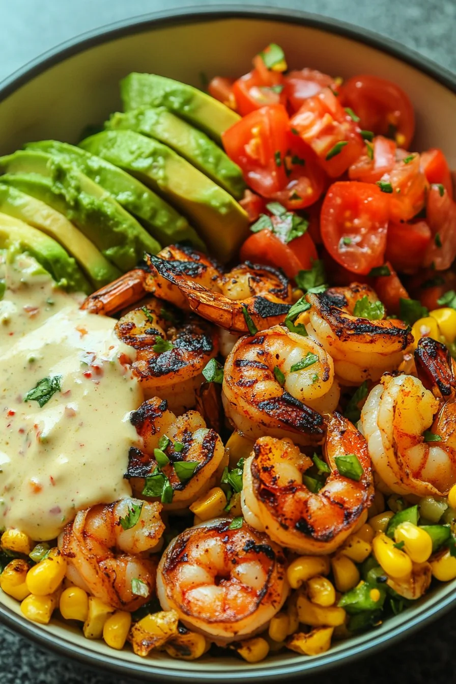 Grilled Shrimp Bowl with Avocado, Corn Salsa & Creamy Garlic Sauce