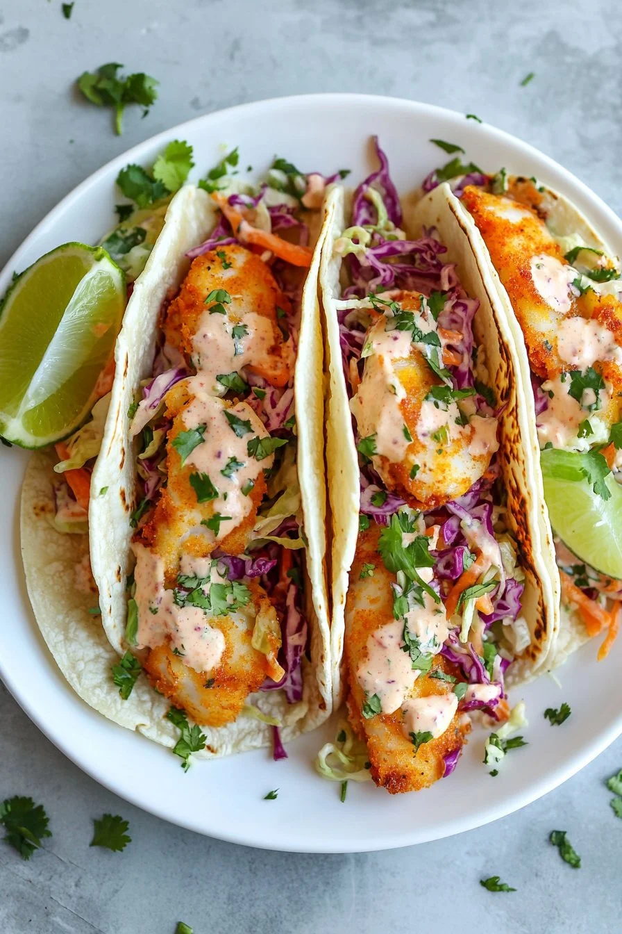 Fish Tacos with Cabbage Slaw & Zesty Lime Crema