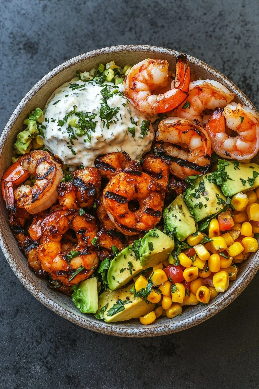 Grilled Shrimp Bowl with Avocado, Corn Salsa & Creamy Garlic Sauce