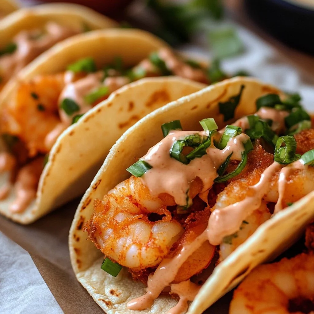 Air Fryer Bang Bang Shrimp Tacos served with fresh toppings