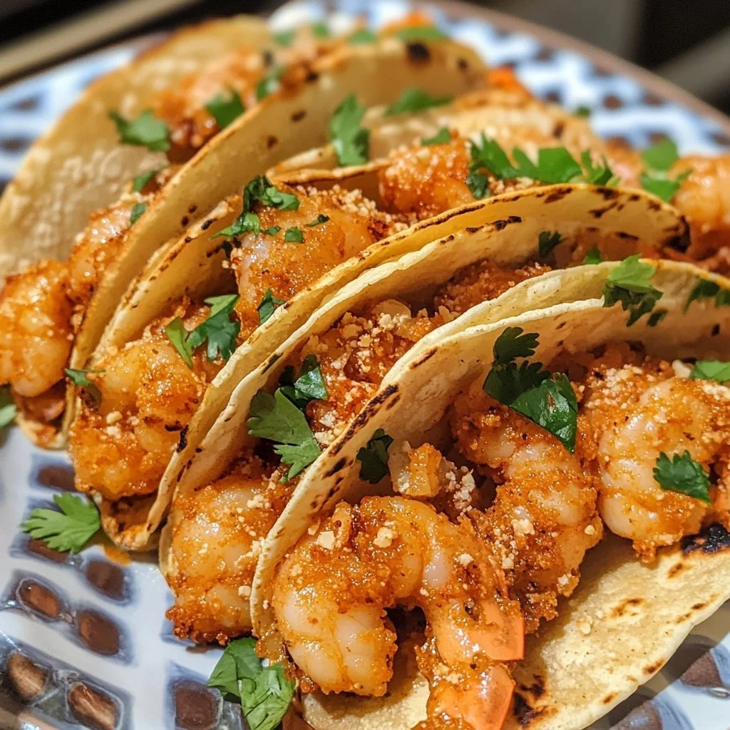 Crispy Air Fryer Bang Bang Shrimp Tacos garnished with fresh ingredients