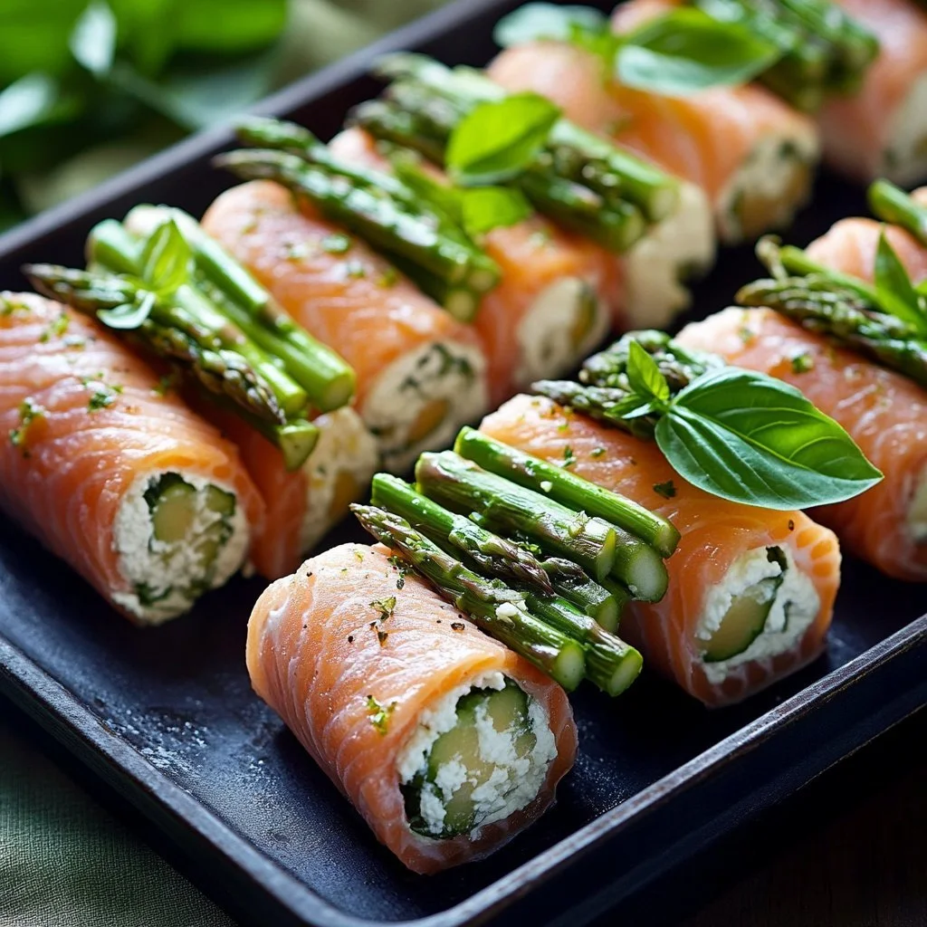 Asparagus and Lemon Basil Ricotta Stuffed Salmon Rolls on a plate