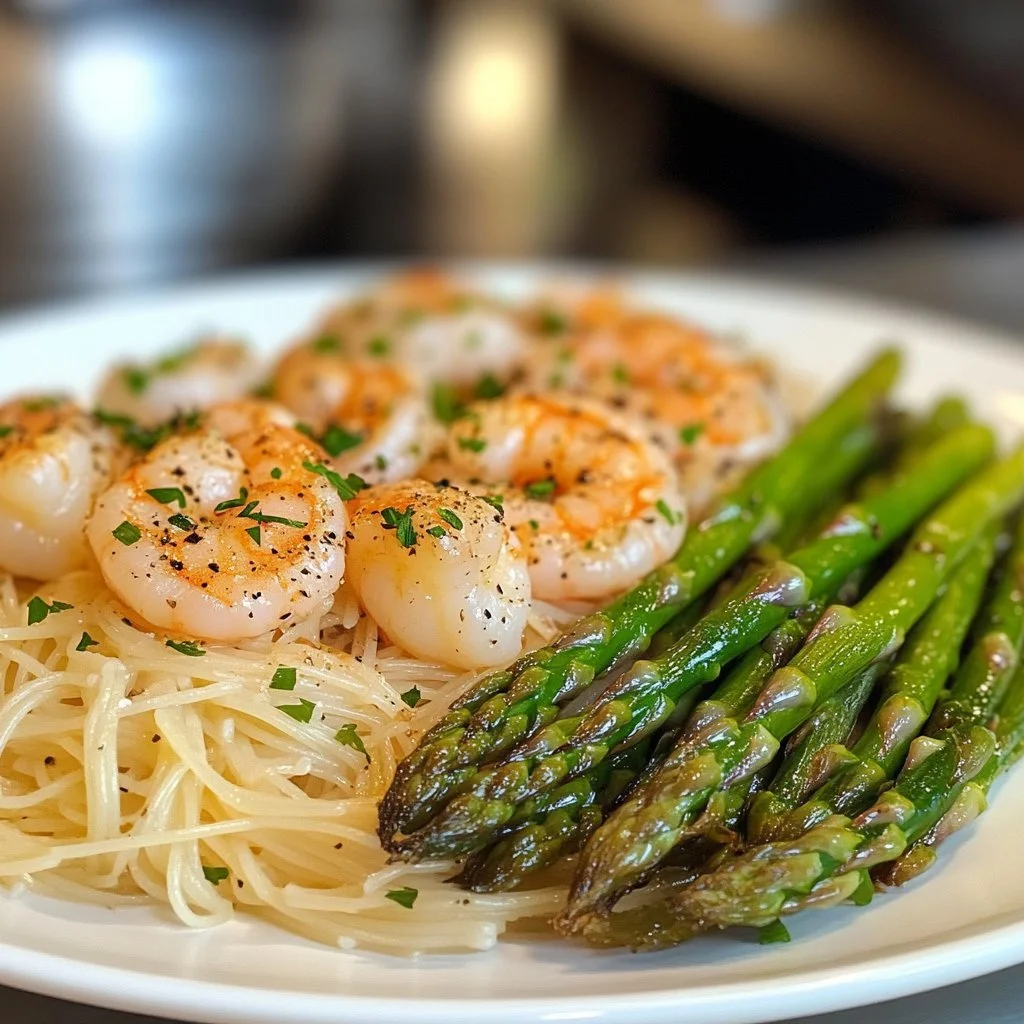 Delicious asparagus shrimp angel hair pasta dish garnished with herbs