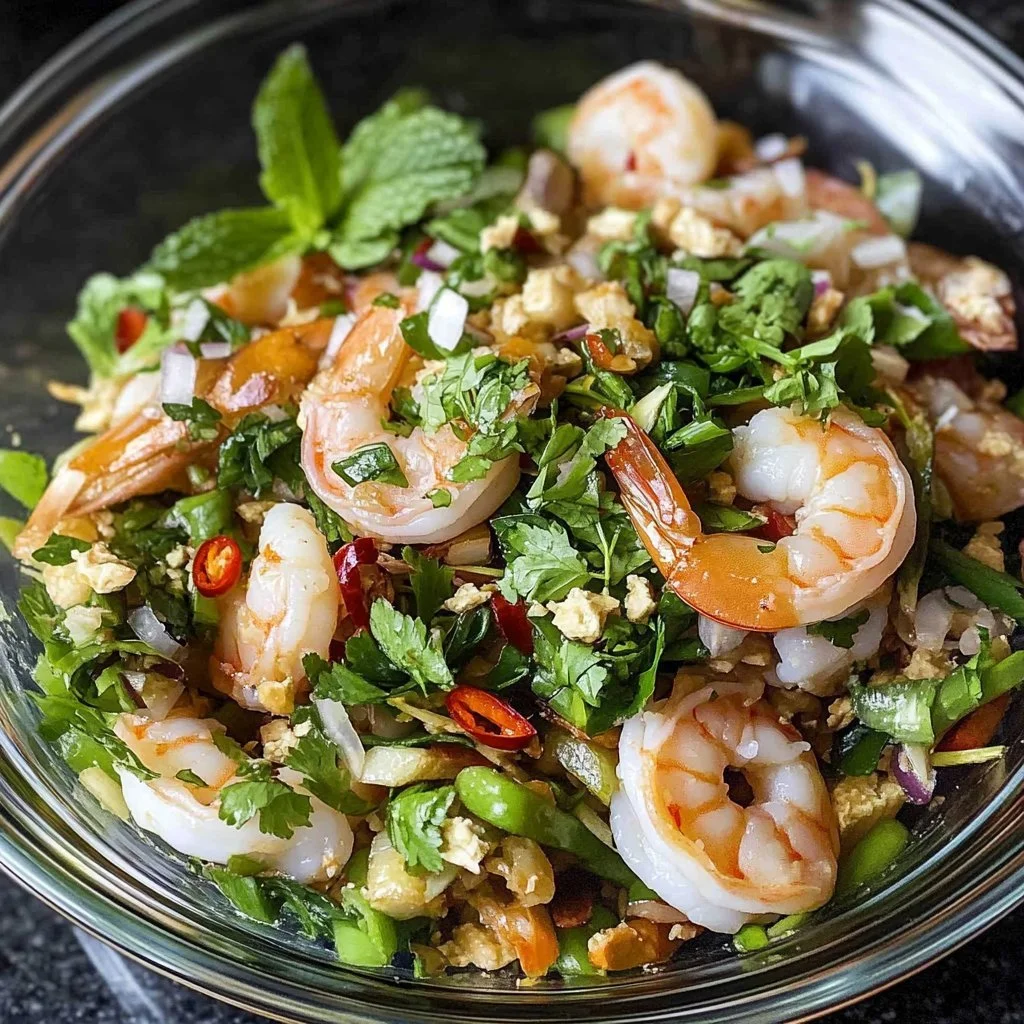 Authentic Spicy Thai Shrimp Salad (Pla Goong) featuring shrimp and fresh herbs