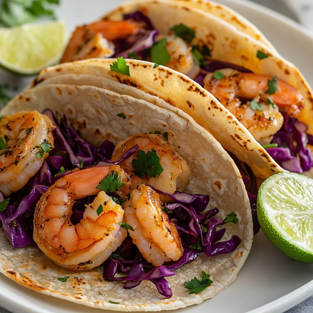 Delicious Baja shrimp tacos served with fresh toppings and lime