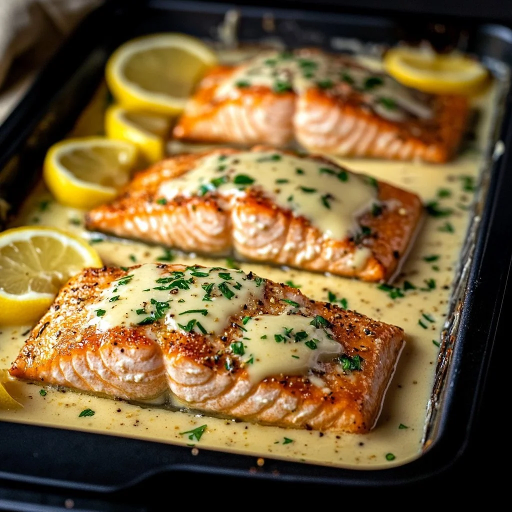 Baked Boursin Salmon topped with herbs and creamy cheese, served on a plate.