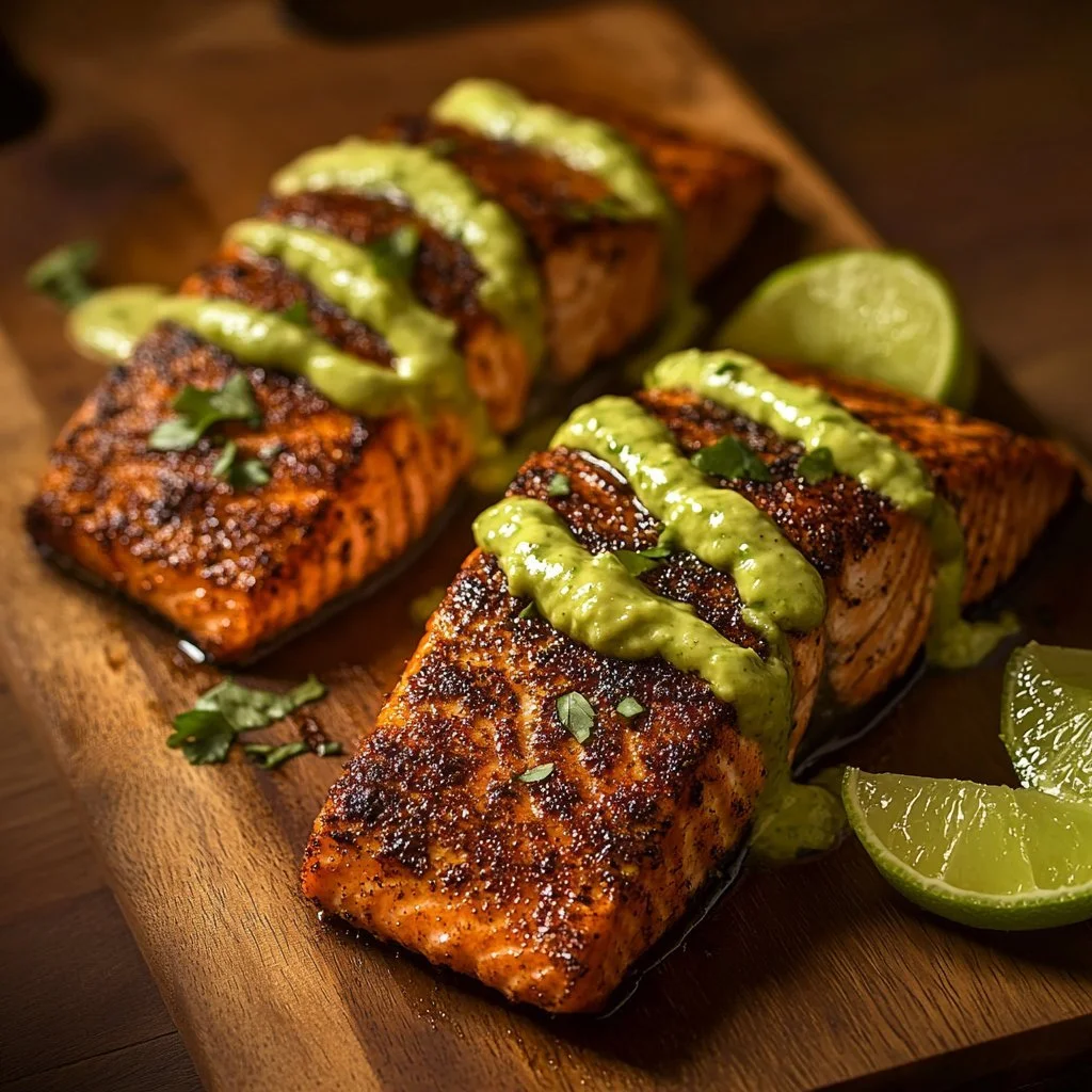 Baked Cajun Salmon with creamy avocado lime sauce on a plate