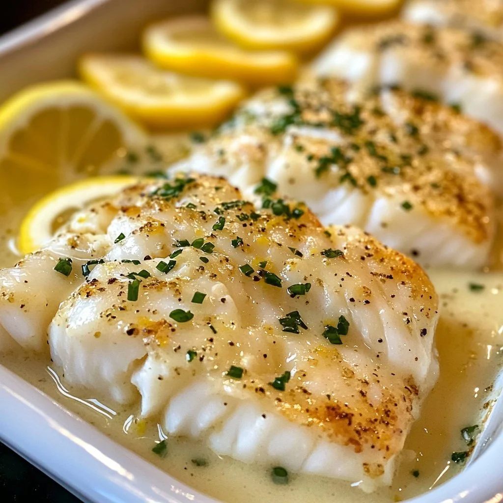 Baked cod filet in coconut lemon cream sauce served on a plate
