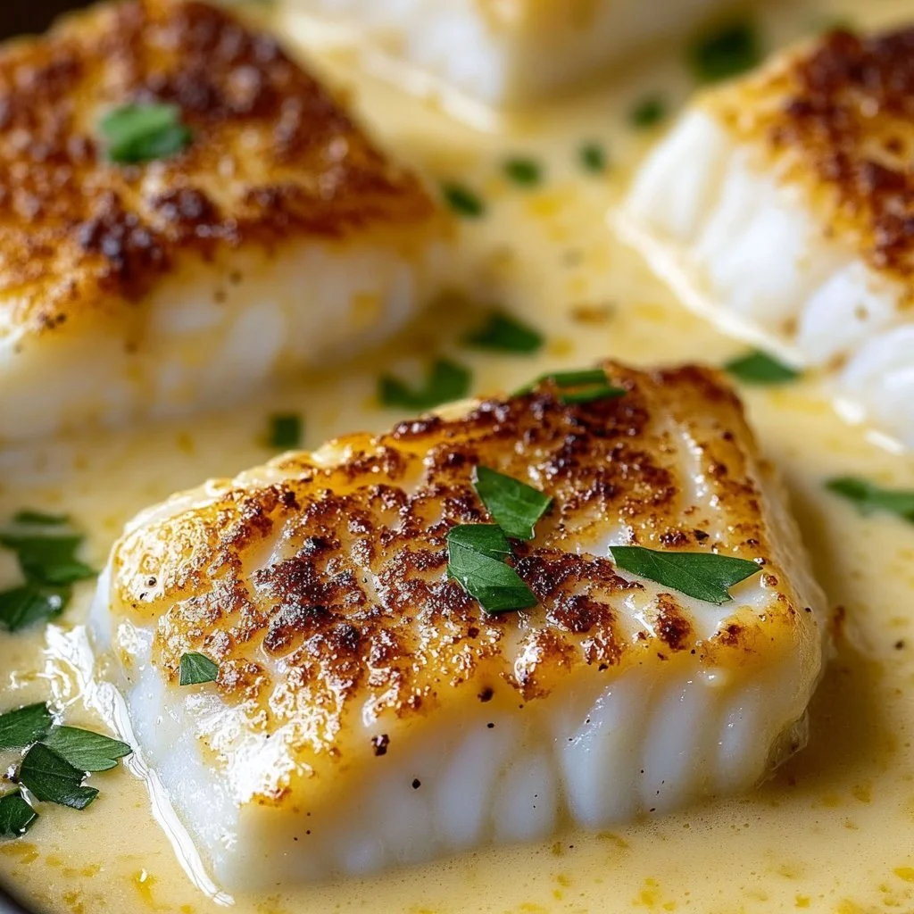 Baked cod fillet topped with coconut lemon cream sauce on a plate