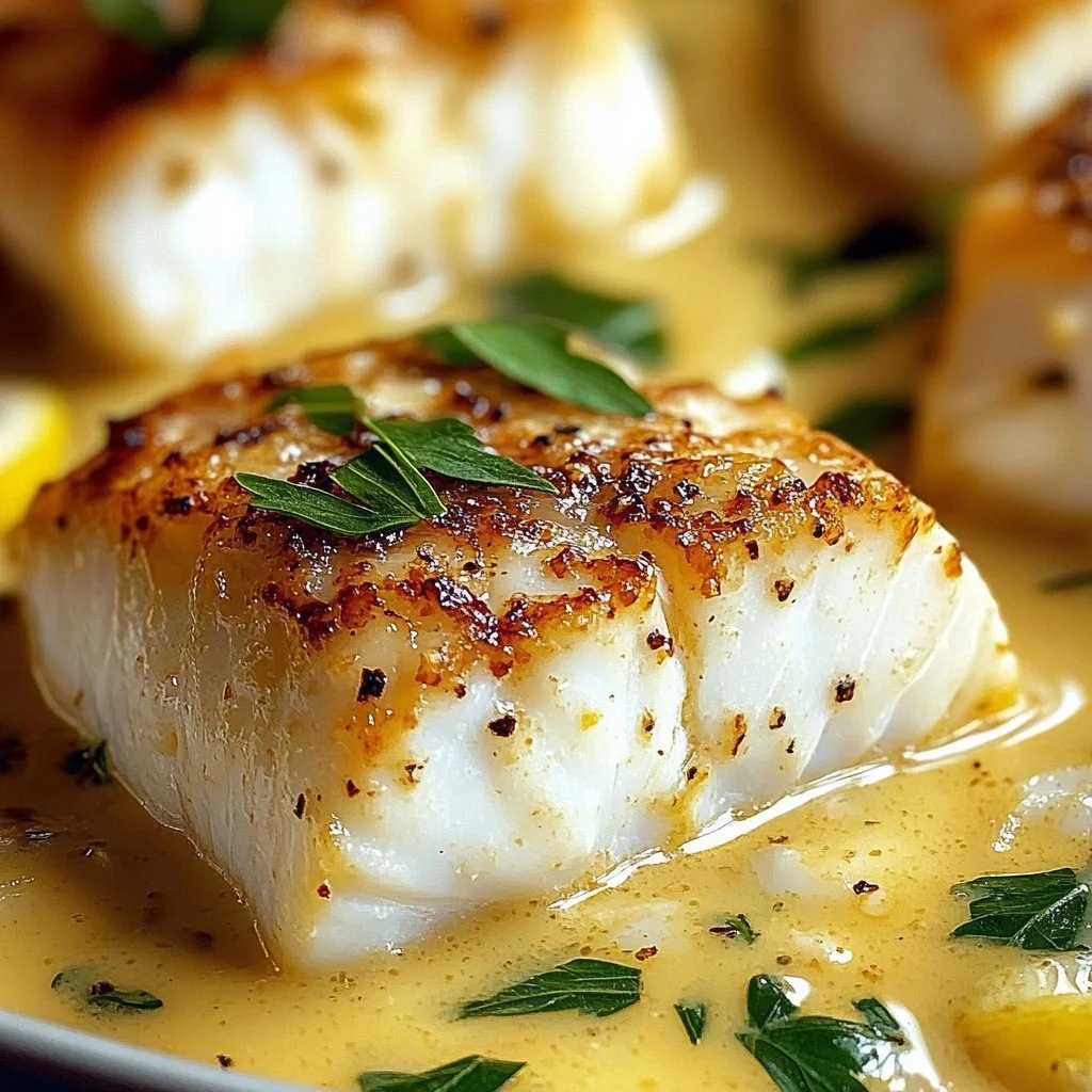 Baked cod in coconut lemon cream sauce served on a plate for dinner