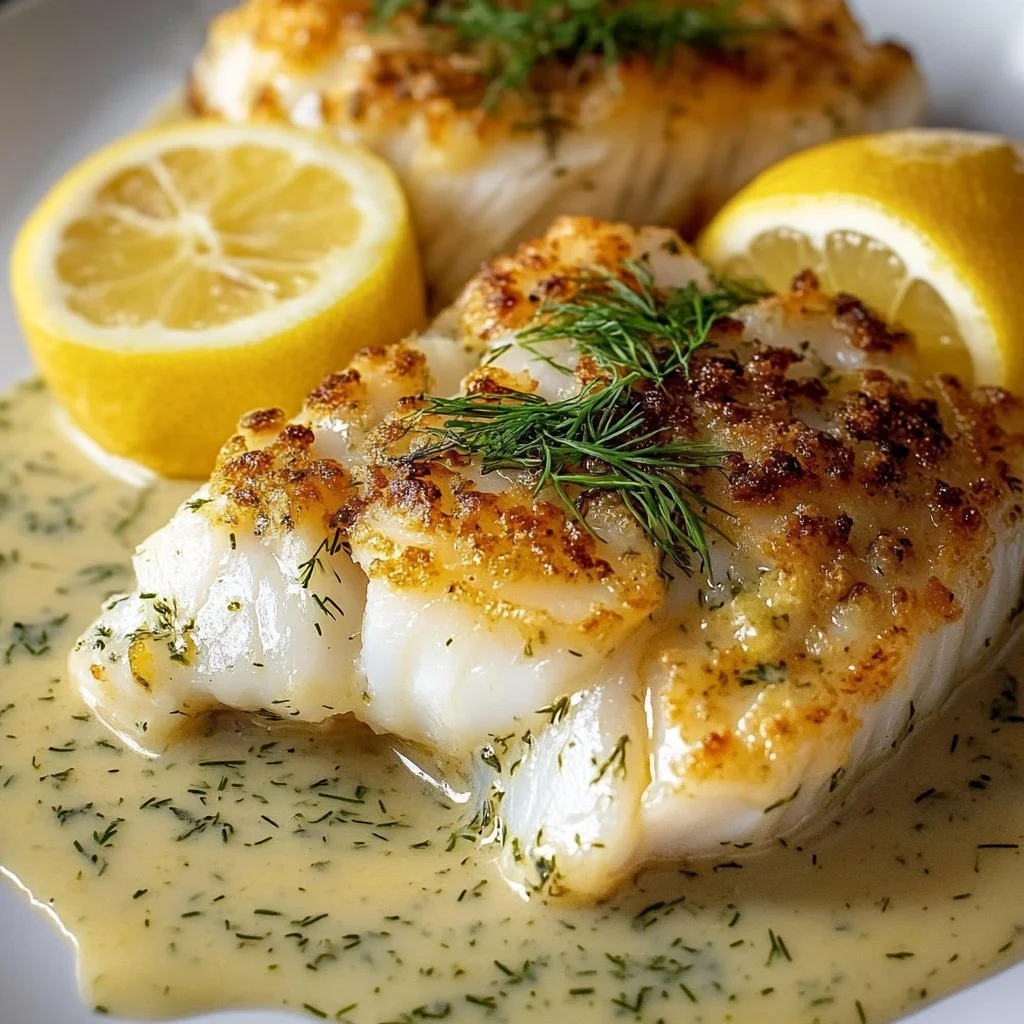 Baked cod fillet topped with fresh lemon dill sauce on a plate