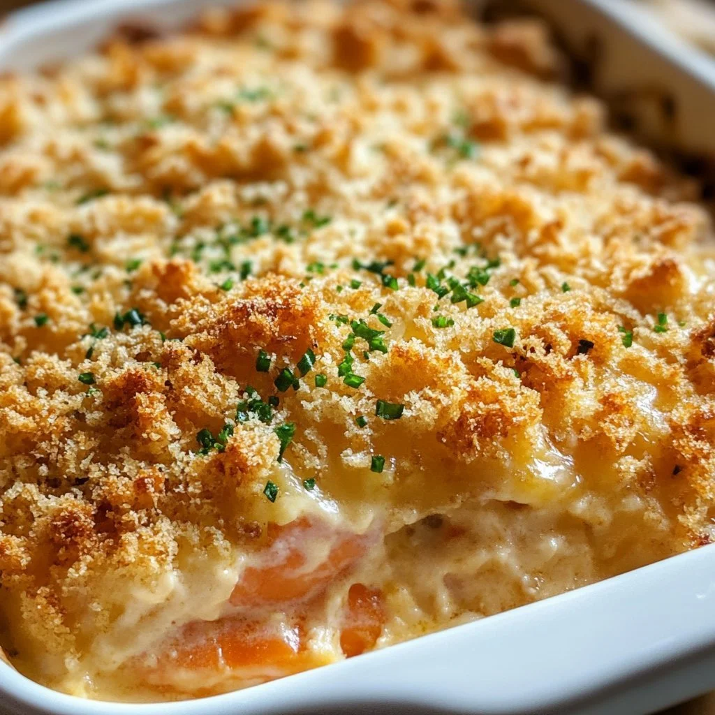 Baked salmon casserole served on a plate with vegetables