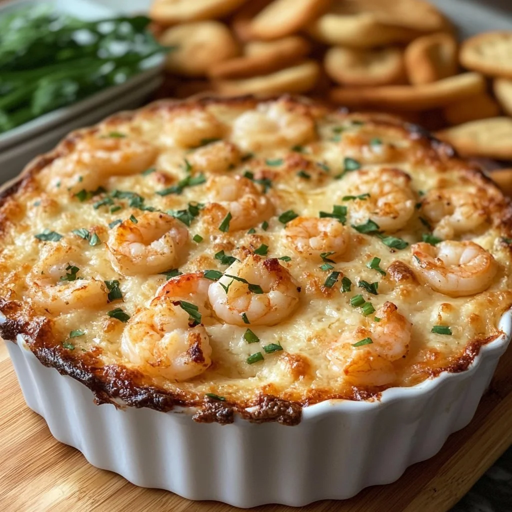 Delicious baked shrimp dip served with crispy crackers