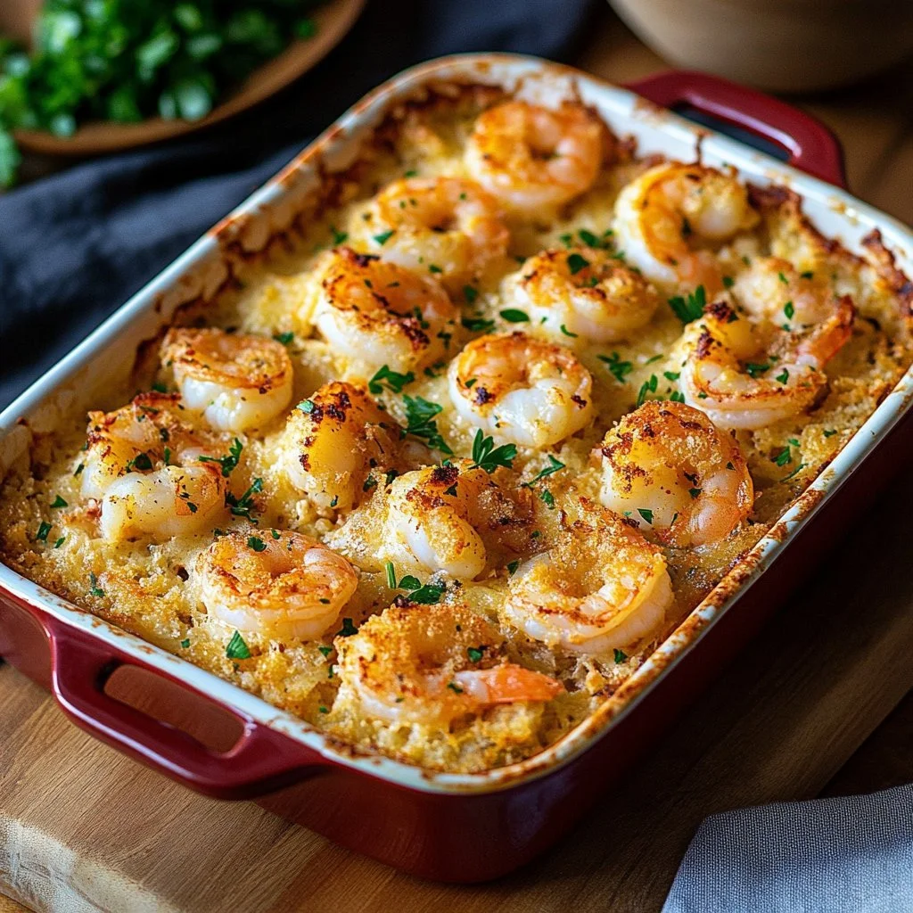 Delicious baked stuffed shrimp casserole served in a dish