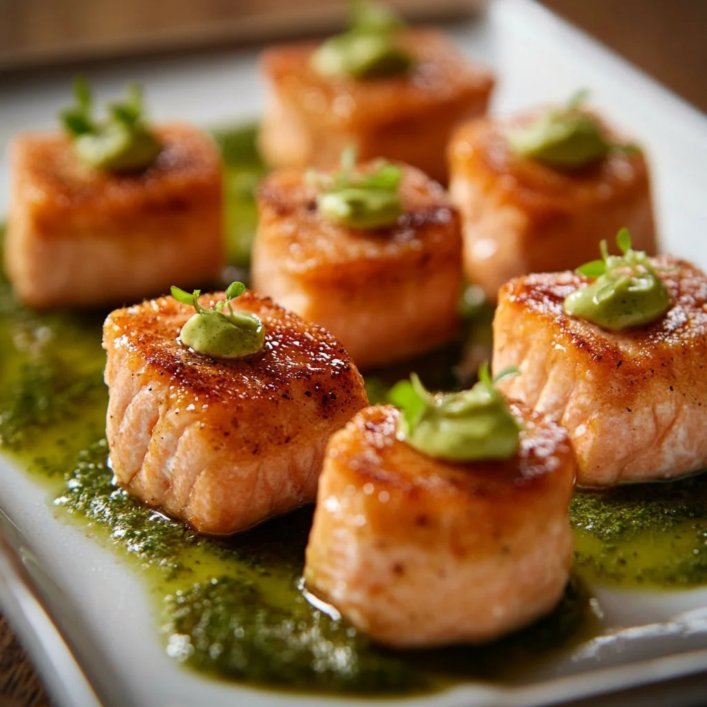 Crispy Bang Bang Salmon Bites served on a plate garnished with green onions
