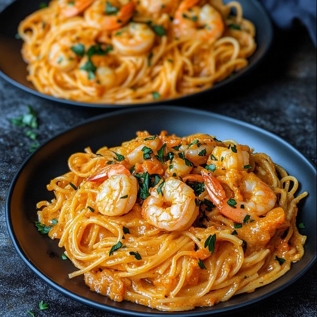 Creamy Bang Bang Shrimp Pasta served on a plate with garnishes.