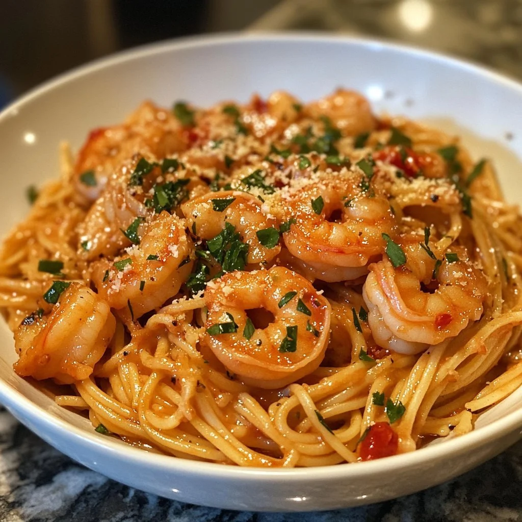 Delicious Bang Bang Shrimp Pasta topped with creamy sauce and shrimp