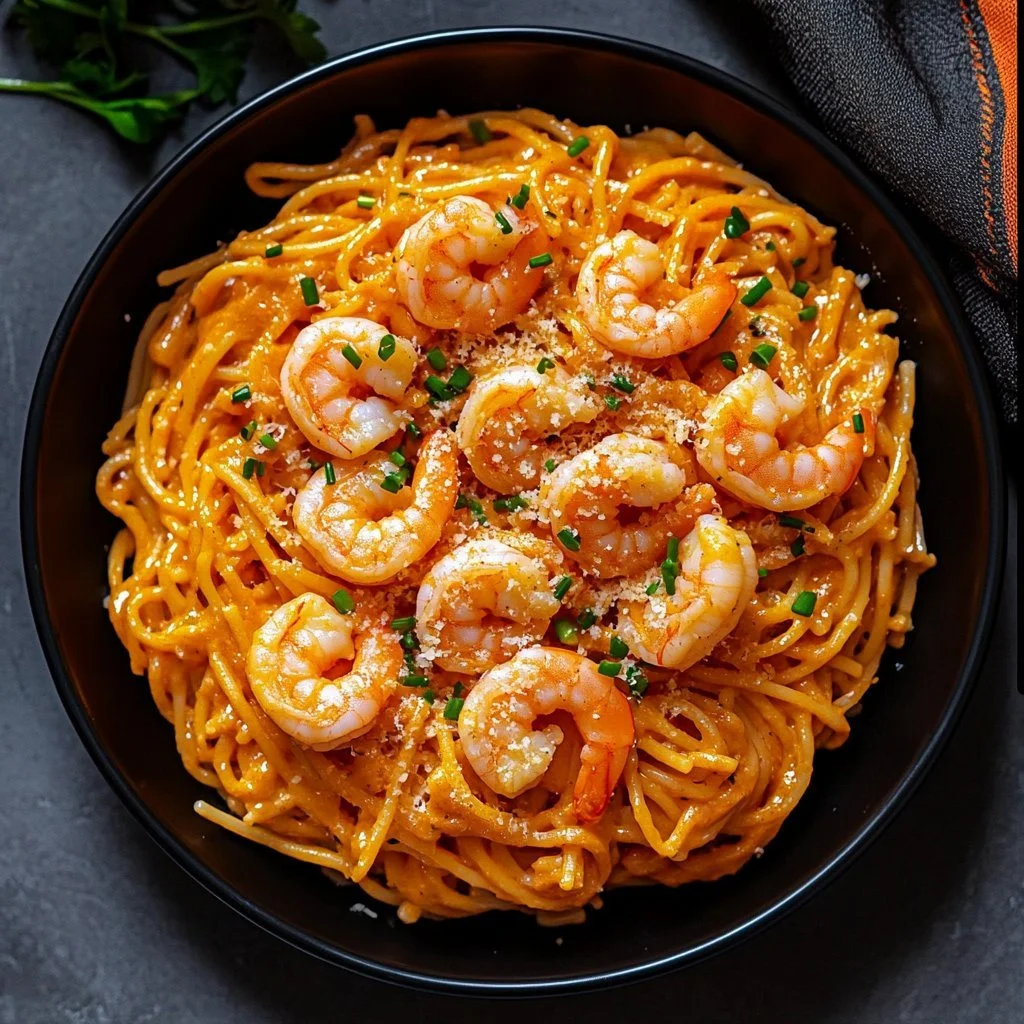Bang Bang Shrimp Pasta dish with creamy sauce and shrimp garnished with green onions