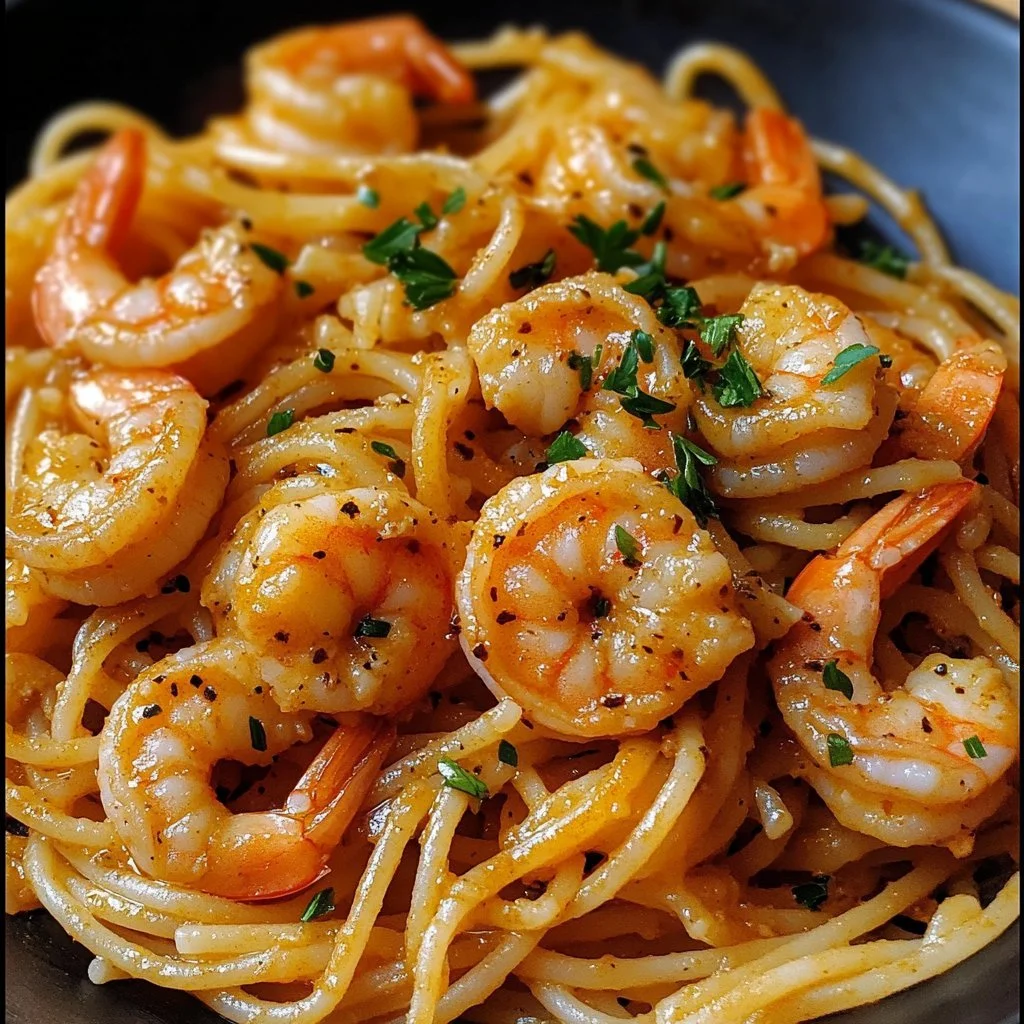 Plate of Bang Bang Shrimp Pasta garnished with herbs