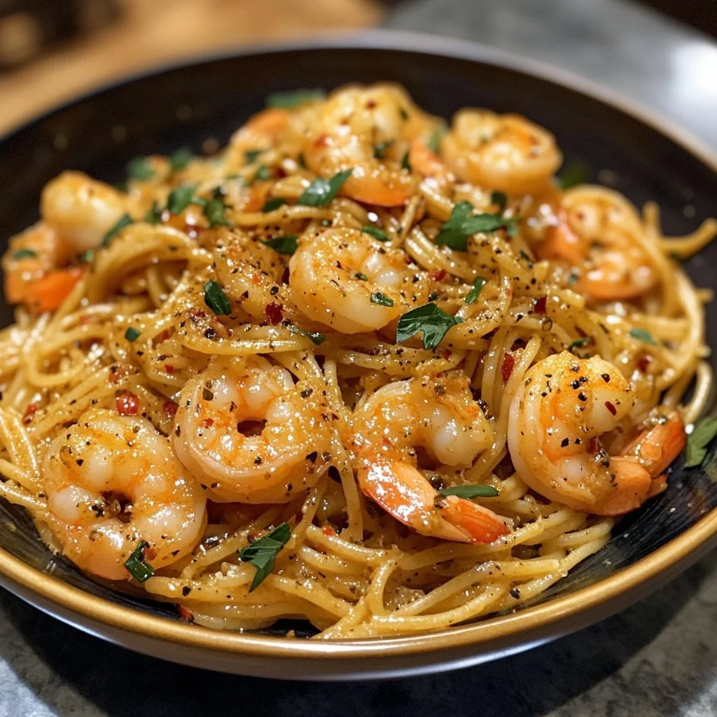 Creamy Bang Bang Shrimp Pasta served in a bowl with herbs on top.