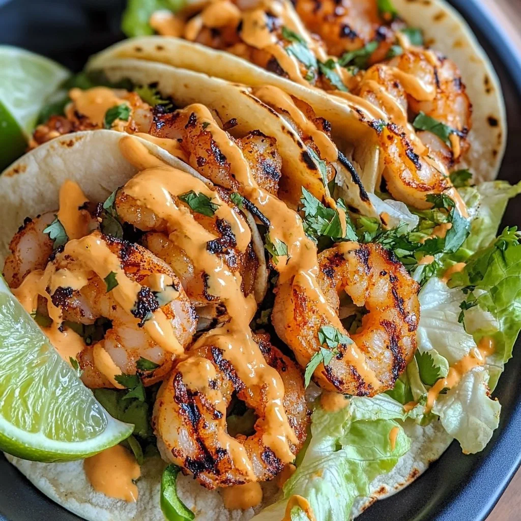 Delicious Bang Bang Shrimp tacos topped with spicy sauce and fresh toppings