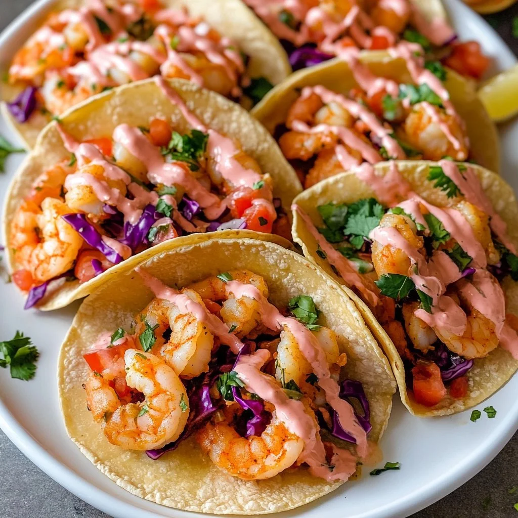 Plate of Bang Bang Shrimp Tacos topped with fresh ingredients