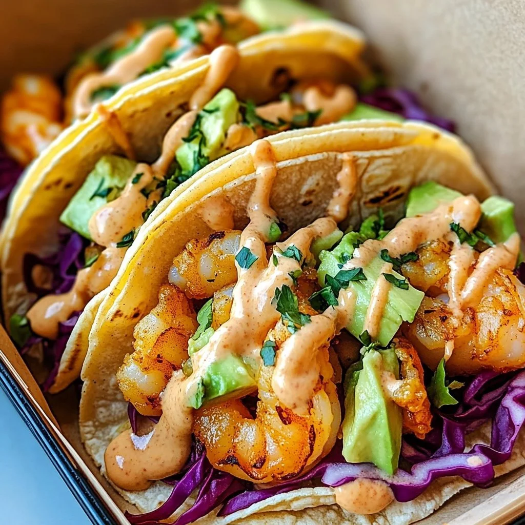Serving of Bang Bang Shrimp Tacos with crispy shrimp and fresh toppings