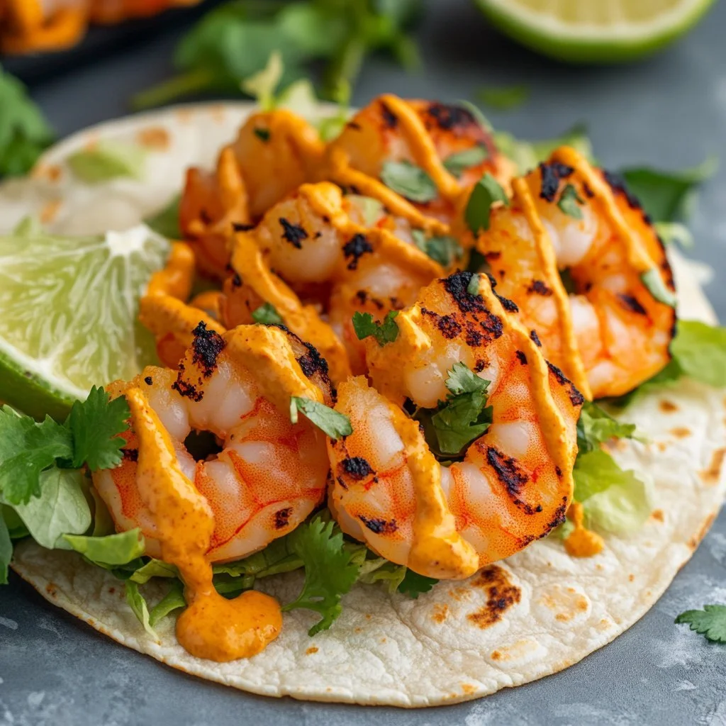 Bang Bang Shrimp Tacos topped with spicy sauce and garnished with fresh ingredients