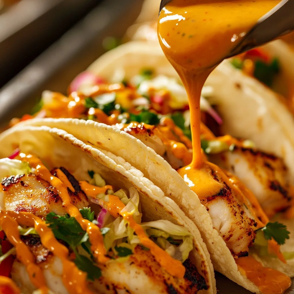 Best Ever Fish Taco Sauce served on crispy fish tacos