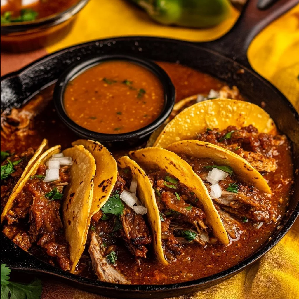 Delicious birria tacos served with dipping sauce and fresh toppings