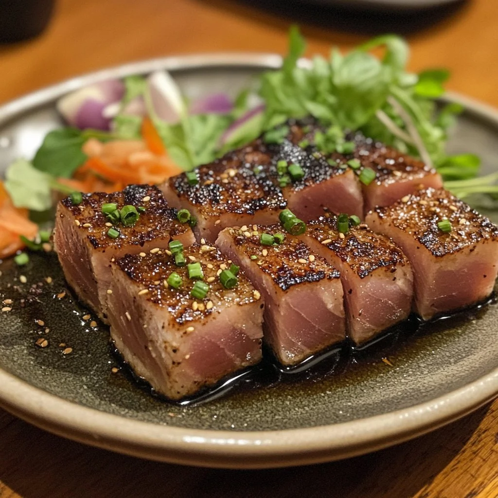 Blackened Ahi Tuna served with fresh vegetables and garnishes