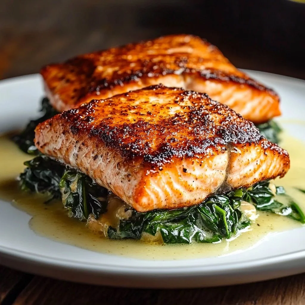 Blackened salmon fillet stuffed with spinach and Parmesan cheese on a plate