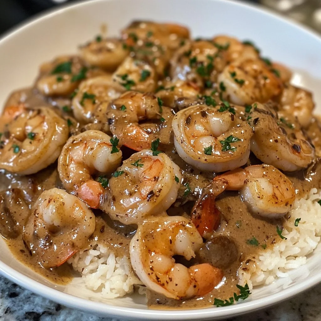Delicious plate of Blackened Shrimp Stroganoff with creamy sauce and herbs