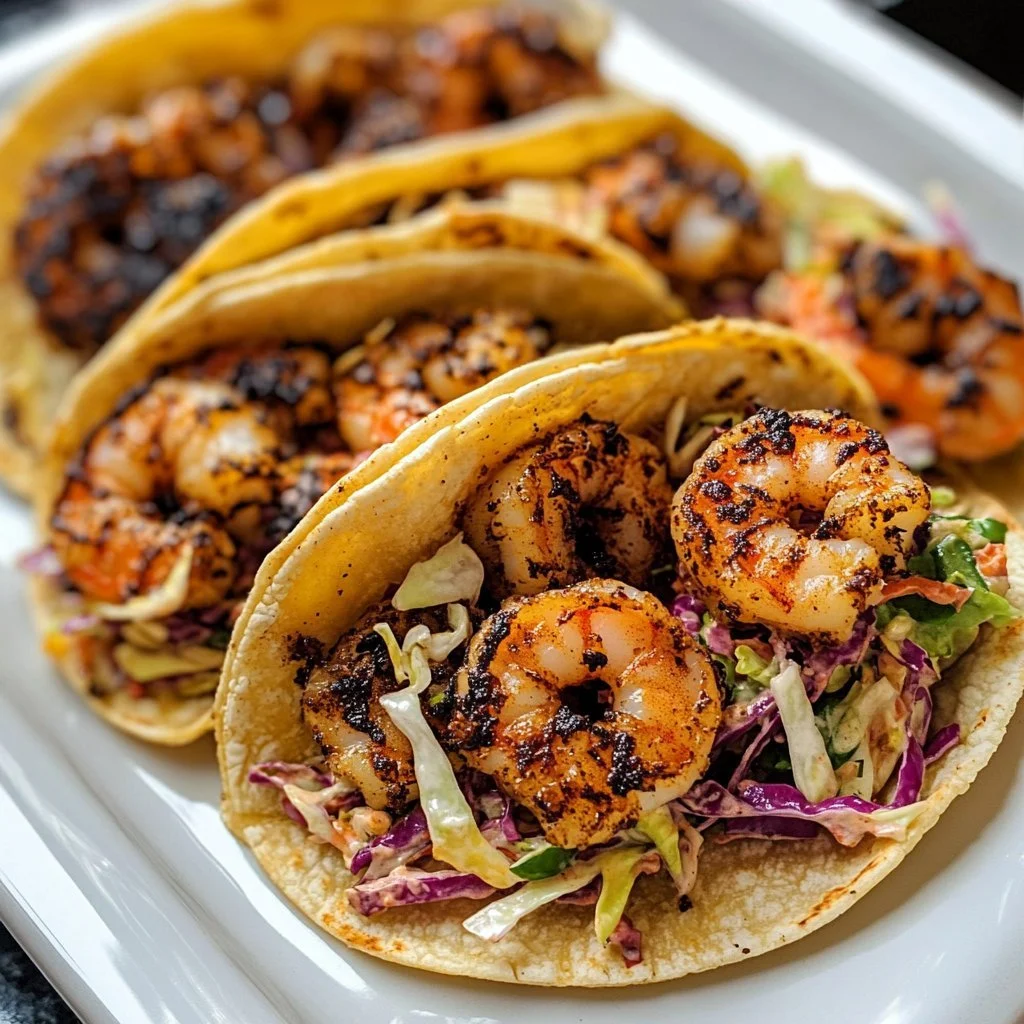 Plate of blackened shrimp tacos topped with fresh slaw and lime wedges.