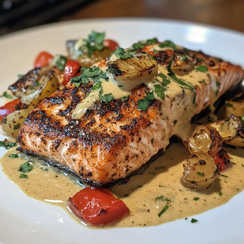 Cajun Blackened Salmon topped with Tuscan Cream Sauce on a white plate