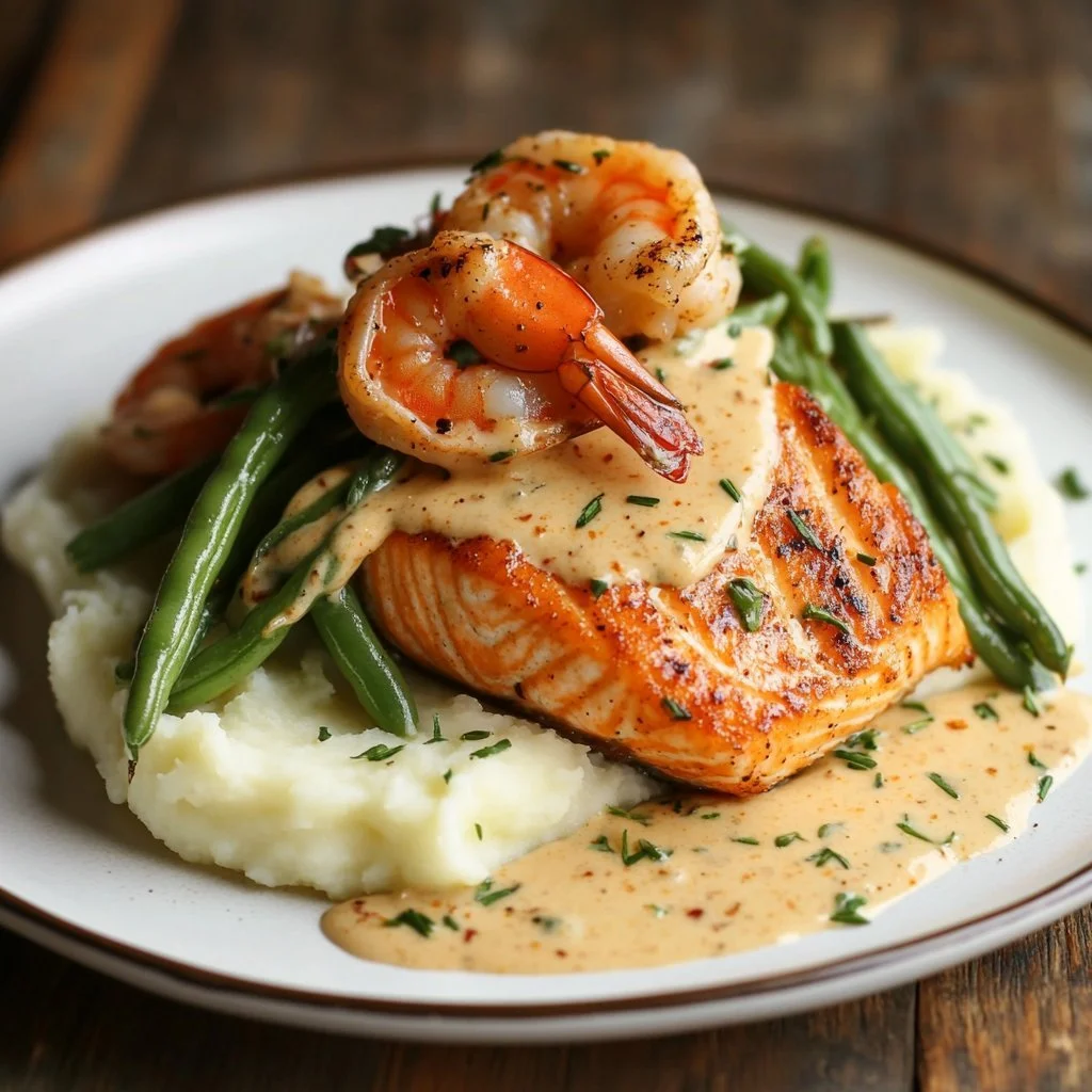 Cajun shrimp and salmon dish garnished with herbs and spices