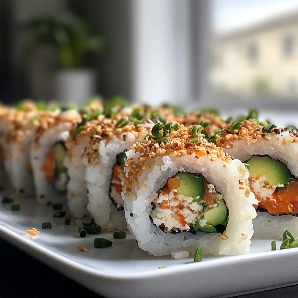 California Crunch Roll sushi with avocado, crab, and a crispy topping