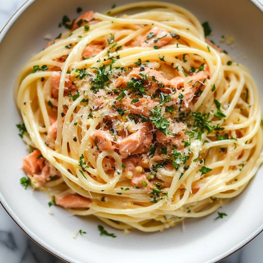 Canned salmon pasta dish topped with herbs and cheese.