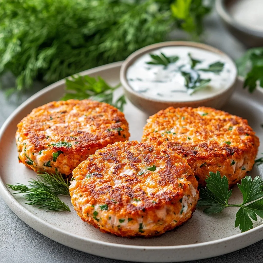 Homemade canned salmon patties served on a plate with garnishes.