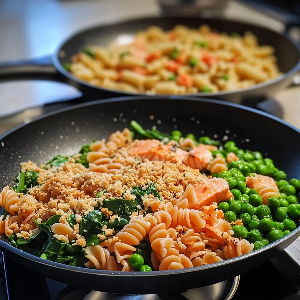 Canned salmon with pasta dish garnished with herbs