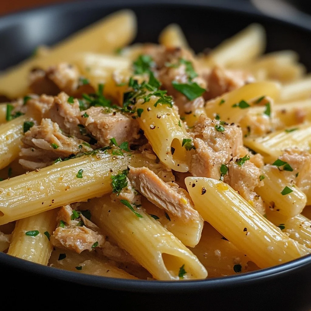 Delicious canned tuna pasta dish garnished with herbs and spices.