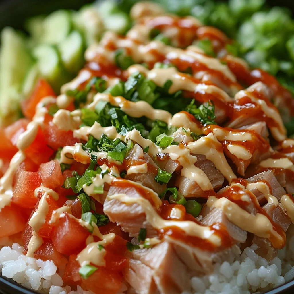 Delicious canned tuna rice bowl garnished with vegetables and herbs