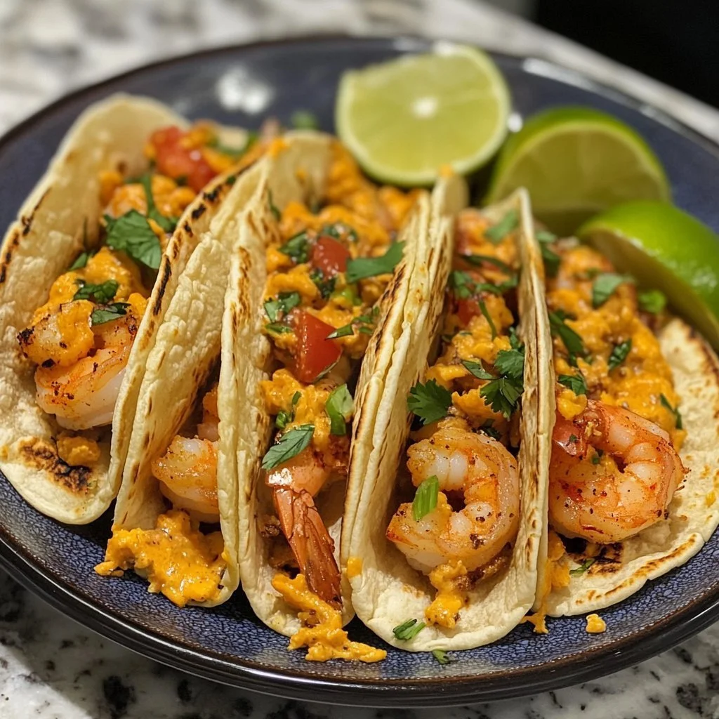 Delicious cheesy shrimp tacos served with fresh toppings in a colorful setting